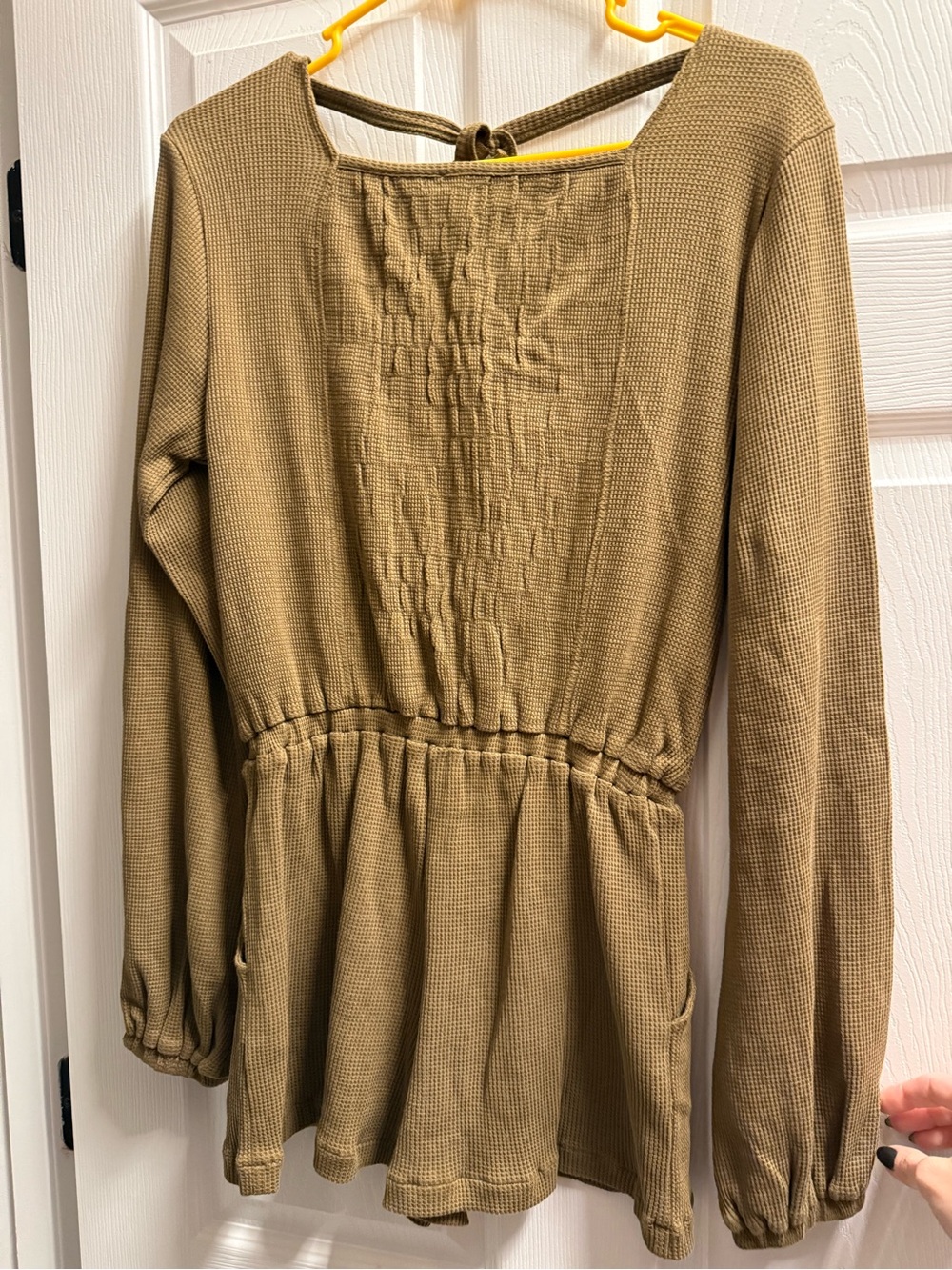 Waffle Knit Long-Sleeve Jumpsuit Romper in Olive Green
